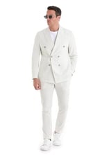 Hatemoğlu Beyaz Slim Fit Çizgili Kruvaze Keten Takım Elbise