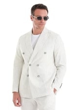 Hatemoğlu Beyaz Slim Fit Çizgili Kruvaze Keten Takım Elbise
