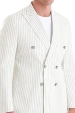 Hatemoğlu Beyaz Slim Fit Çizgili Kruvaze Keten Takım Elbise