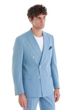 Hatemoğlu Mavi Slim Fit Çizgili Kruvaze Takım Elbise