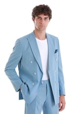 Hatemoğlu Mavi Slim Fit Çizgili Kruvaze Takım Elbise