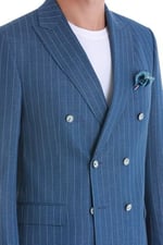 Hatemoğlu Mavi Slim Fit Çizgili Kruvaze Takım Elbise