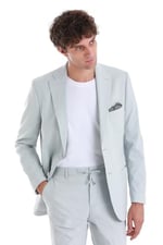 Hatemoğlu Mavi Slim Fit Düz Mono Yaka Keten Takım Elbise