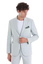 Hatemoğlu Mavi Slim Fit Düz Mono Yaka Keten Takım Elbise