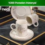 Heda Porselen Hayat Ağacı 4 Parça 2 Kişilik Porselen Kahve Fincan Takımı 100 ml – Şık Desenli Türk Kahvesi Seti, Çeyizlik ve Hediyelik