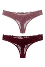 HNX UNDERWEAR 2'li Önü Dantel Arkası Çift Kat Pamuklu Tanga Kadın Külot Pudra Mor XL hnxNM7601