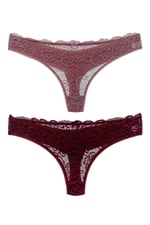 HNX UNDERWEAR 2'li Önü Dantel Arkası Çift Kat Pamuklu Tanga Kadın Külot Pudra Mor XL hnxNM7601