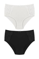 HNX UNDERWEAR 2'li Yüksek Bel Büyük Beden Yanları Dantel Detaylı Pamuklu Bato Kadın Külot Siyah Ekru 2XL hnxNM2248