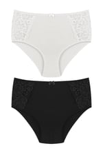 HNX UNDERWEAR 2'li Yüksek Bel Büyük Beden Yanları Dantel Detaylı Pamuklu Bato Kadın Külot Siyah Ekru 2XL hnxNM2248