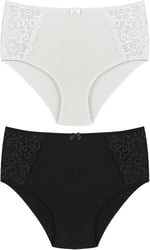 HNX UNDERWEAR 2'li Yüksek Bel Büyük Beden Yanları Dantel Detaylı Pamuklu Bato Kadın Külot Siyah Ekru 2XL hnxNM2248