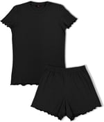 HNX UNDERWEAR Siyah Pamuklu Fitilli Kısa Kollu Tişört ve Şort Kadın Pijama Takımı Siyah 2XL hnxNM8370