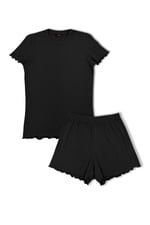 HNX UNDERWEAR Siyah Pamuklu Fitilli Kısa Kollu Tişört ve Şort Kadın Pijama Takımı Siyah 2XL hnxNM8370
