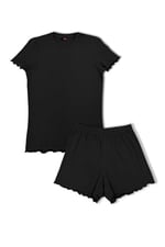 HNX UNDERWEAR Siyah Pamuklu Fitilli Kısa Kollu Tişört ve Şort Kadın Pijama Takımı Siyah 2XL hnxNM8370