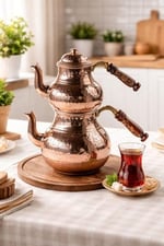 Home Gaziantep El Kabartmalı Bakır Çaydanlık Takımı, 2,6 Lt Toplam Hacim, Alt 14,5cm Üst 10,5cm, Ahşap Kulplu, Ağır Bakır