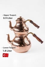 Home Gaziantep El Kabartmalı Bakır Çaydanlık Takımı, 2,6 Lt Toplam Hacim, Alt 14,5cm Üst 10,5cm, Ahşap Kulplu, Ağır Bakır