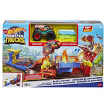 Hot Wheels Monster Trucks Patlama İstasyonu Oyun Seti ve 1 adet 1:64 ölçekli HW Demo Derby ile 3 adet parçalanabilen araba, fırlatıcı, efsane ezme ve çarpma eğlencesi, 4-8 yaş HFB12