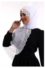 İğne Oyalı Dantelli Eşarp Demor Mevlüt Örtüsü Beyaz