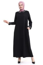 İhvan online Derin Store Yaka ve Kol Taşlı Tesettür Ferace 23300-23 Siyah Siyah 44