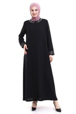 İhvan online Derin Store Yaka ve Kol Taşlı Tesettür Ferace 23300-23 Siyah Siyah 60