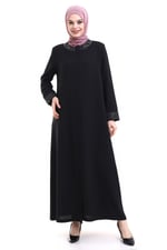 İhvan online Derin Store Yaka ve Kol Taşlı Tesettür Ferace 23300-23 Siyah Siyah 60