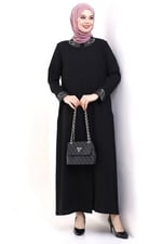 İhvan online Derin Store Yaka ve Kol Taşlı Tesettür Ferace 23300-23 Siyah Siyah 46