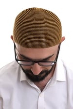 İhvan Online Hardal Kışlık Nokta Desenli Orlon Namaz Takkesi