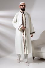 İhvan Online Krem Erkek Namaz Elbisesi Bordo Desen İşlemeli Hakim Yaka İmam Cübbesi