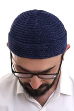 İhvan Online Lacivert Katlamalı Sade Desen Kışlık Kadife Takke Şapka