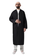 İhvan Online Siyah Erkek Namaz Elbisesi V Yaka Düğmesiz Önü Açık Namaz Cübbesi