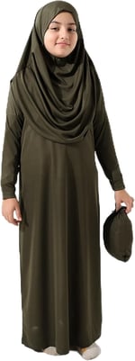 Ihvan Online Tek Parça Pratik Başörtülü Çocuk Namaz Elbisesi Haki