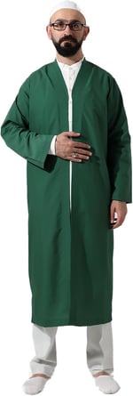 İhvan Online Yeşil Erkek Namaz Elbisesi V Yaka Düğmesiz Önü Açık Namaz Cübbesi