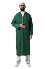 İhvan Online Yeşil Erkek Namaz Elbisesi V Yaka Düğmesiz Önü Açık Namaz Cübbesi