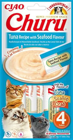 INABA Churu püre kedi atıştırmalıkları - elden beslemek için kedi macunu - ton balığı ve deniz ürünleri içeren kedi çubukları - 4 çubuk x 14 g