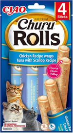INABA Churu Rolls kedi ödül kurabiyeleri,%88 nemli, sağlıklı atıştırmalıklar, tavuk, ton balığı ve deniz tarağı içeren doğal malzemeler, 40 g (1'li paket), birinci sınıf kalitede kedi