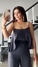 İndigo Premium Tnsel Kumaş Bluz Pantolon Takım - Bedenler: M, L