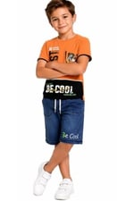 İrem Çocuk Giyim Erkek Çocuk Be Cool Yazı Desenli Tişört Kot Şortlu Turuncu Renk İkili Takım,Turuncu 8 Yaş