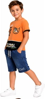 İrem Çocuk Giyim Erkek Çocuk Be Cool Yazı Desenli Tişört Kot Şortlu Turuncu Renk İkili Takım,Turuncu 8 Yaş