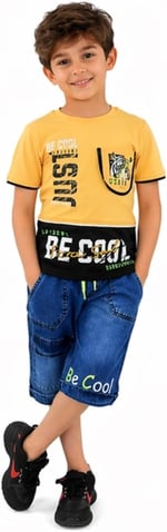İrem Çocuk Giyim Erkek Çocuk Be Cool Yazı Desenli Tişört Kot Şortlu Sarı Renk İkili Takım,Sarı 10 Yaş
