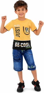 İrem Çocuk Giyim Erkek Çocuk Be Cool Yazı Desenli Tişört Kot Şortlu Sarı Renk İkili Takım,Sarı 10 Yaş