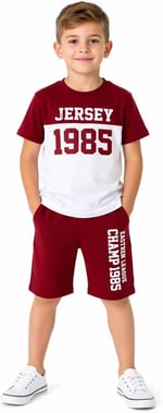 İrem Çocuk Giyim Erkek Çocuk Jersey Yazı Desenli Kırmızıı Renk Şortlu İkili Takım,Kırmızı 8-9 Yaş