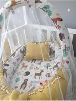 Jaju Baby Sarı Örgü Pike Kumaş ve Orman Müslin Kumaş Ponponlu Babynest Oyuncak Aparat ve Tül Set