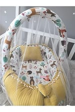 Jaju Baby Sarı Örgü Pike Kumaş ve Orman Müslin Kumaş Ponponlu Babynest Oyuncak Aparat ve Tül Set