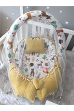 Jaju Baby Sarı Örgü Pike Kumaş ve Orman Müslin Kumaş Ponponlu Babynest Oyuncak Aparat ve Tül Set