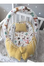Jaju Baby Sarı Örgü Pike Kumaş ve Orman Müslin Kumaş Ponponlu Babynest Oyuncak Aparat ve Tül Set