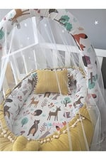 Jaju Baby Sarı Örgü Pike Kumaş ve Orman Müslin Kumaş Ponponlu Babynest Oyuncak Aparat ve Tül Set