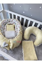 Jaju Baby Sarı Wafle Pike Kumaş Ceylan Tasarım Ponponlu Ponponlu 6 Parça Babynest Set