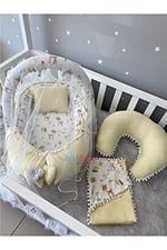 Jaju Baby Sarı Wafle Pike Kumaş Ceylan Tasarım Ponponlu Ponponlu 6 Parça Babynest Set