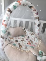 Jaju Baby Waffle Pike Kumaş ve Orman Müslin Kumaş Ponponlu Babynest Oyuncak Aparat ve Tül Set