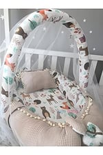 Jaju Baby Waffle Pike Kumaş ve Orman Müslin Kumaş Ponponlu Babynest Oyuncak Aparat ve Tül Set