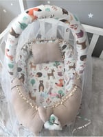 Jaju Baby Waffle Pike Kumaş ve Orman Müslin Kumaş Ponponlu Babynest Oyuncak Aparat ve Tül Set
